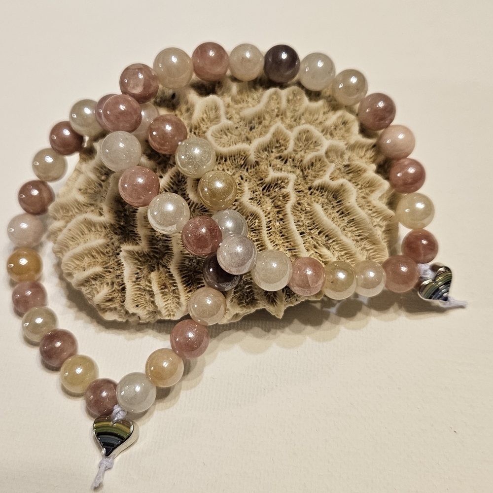 Elegant SUNSTONE Beaded Stretch Bracelet with Colorful Heart Charm ♡ Handmade ♡ - Picture 9 of 10